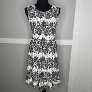 Cato Lace Fit and Flare Dress Womens Medium White Black Polka Dot Floral